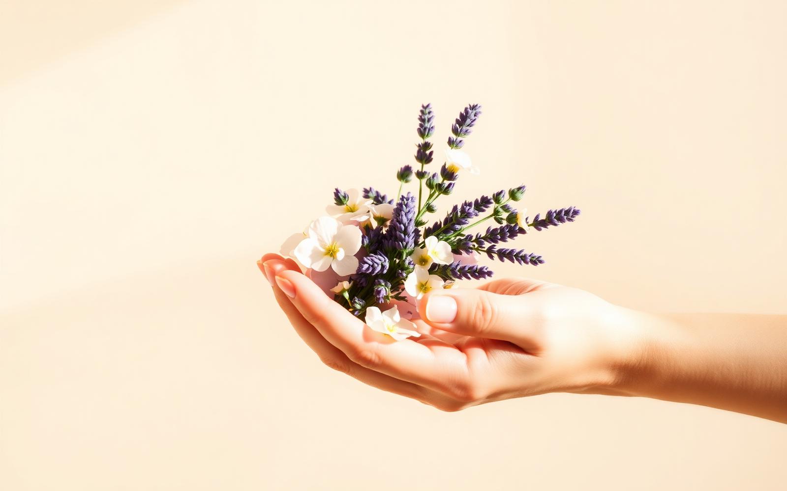 Cupped hands gently holding a small bouquet of lavender and wildflowers in warm sunlight