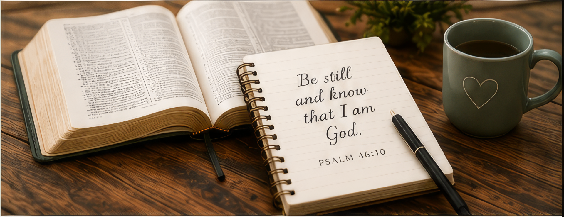 Open Bible, journal, pen, and coffee mug with the words 'Be still and know that I am God — Psalm 46:10'