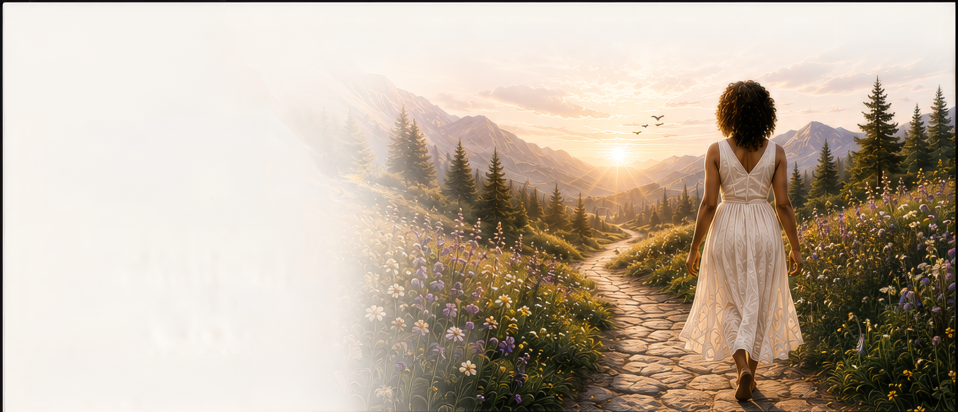 Woman in a white dress walking a stone path through a meadow of wildflowers toward mountains at sunrise