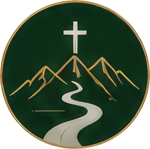 Ministry emblem — gold cross above mountains with a river, on a dark green disc