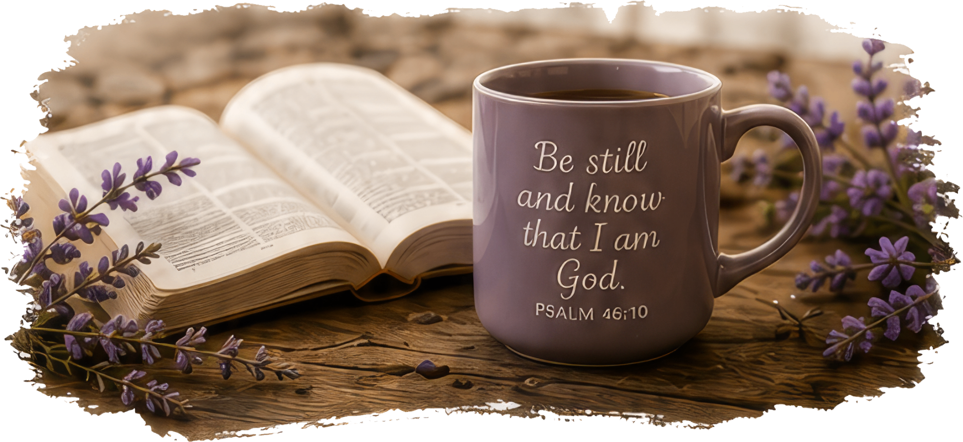 Open Bible with lavender sprigs and a plum ceramic mug reading Be Still and Know That I Am God, Psalm 46:10