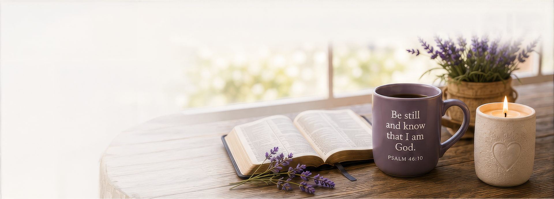 Open Bible with a 'Be still and know' mug, candle, and lavender on a sunlit table