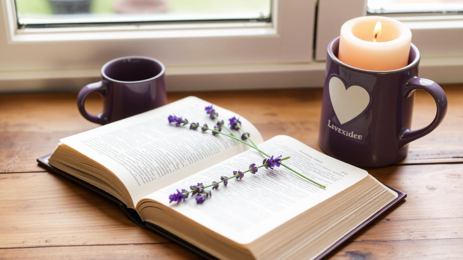 A ceramic mug that reads 'Walk by Faith' beside an open Bible