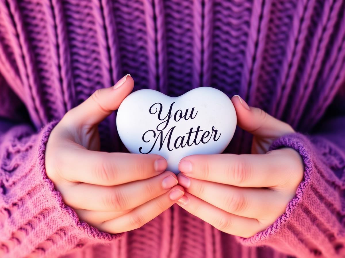 Hands holding a heart-shaped stone that reads 'You Matter'